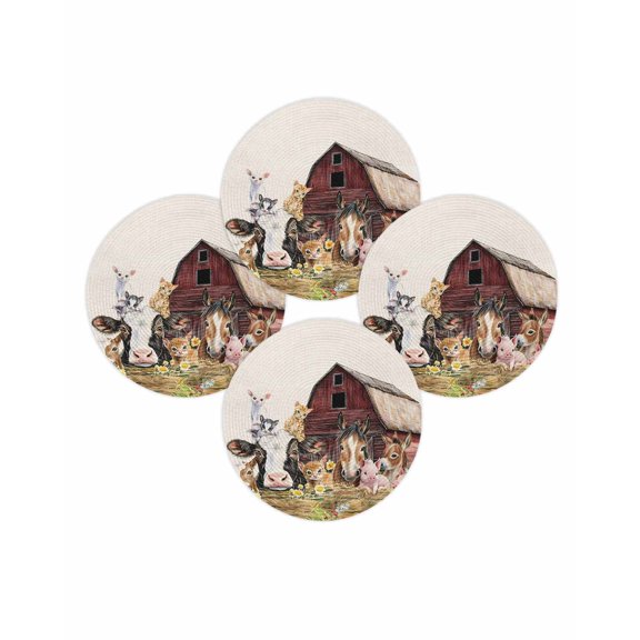 Round Placemats Set of 4 Farm Animal Place Mats Washable Woven Placemat Barn Cat Horse Pig Cow Circle Braided Table Mat for Kitchen Dining Table Party Home Decor 15 Inch