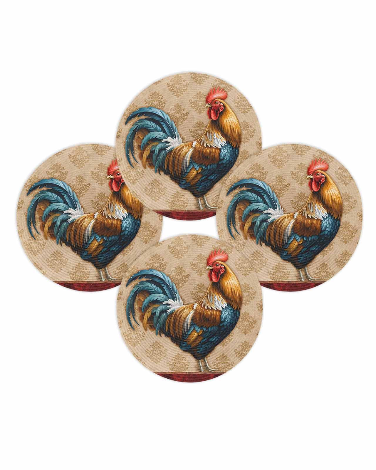 Round Placemats Set of 4 Farmhouse Chicken Rooster Cock Place Mats Washable Woven Placemat Vintage Farm Animal Circle Braided Table Mat for Kitchen Dining Table Party Home Decor 15 Inch