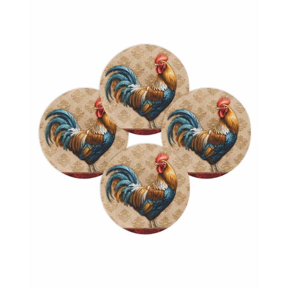 Round Placemats Set of 4 Farmhouse Chicken Rooster Cock Place Mats Washable Woven Placemat Vintage Farm Animal Circle Braided Table Mat for Kitchen Dining Table Party Home Decor 15 Inch