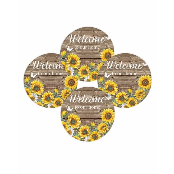 Round Placemats Set of 4 Farmhouse Sunflower Place Mats Washable Woven Placemat Wood Welcome to Our Home Circle Braided Table Mat for Kitchen Dining Table Party Home Decor 15 Inch