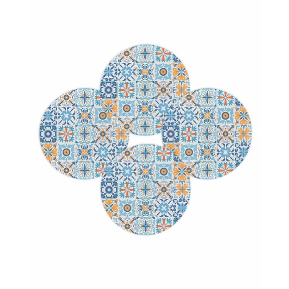 Round Placemats Set of 4 Floral Geometric Place Mats Washable Woven Placemat Vintage Blue Flower Ceramic Brick Circle Braided Table Mat for Kitchen Dining Table Party Home Decor 15 Inch