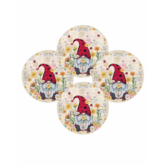 Round Placemats Set of 4 Floral Gnome Place Mats Washable Woven Placemat Spring Summer Floral Yellow Pink Retro Circle Braided Table Mat for Kitchen Dining Table Party Home Decor 15 Inch