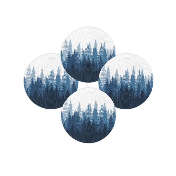 Round Placemats Set of 4 Forest Tree Place Mats Washable Woven Placemat Misty Forest Landscape Nature Blue Circle Braided Table Mat for Kitchen Dining Table Party Home Decor 15 Inch