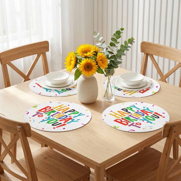 Round Placemats Set of 4, Happy Birthday to You Words Faux Leather Placemat Waterproof Oil-Proof Table Mats 12in, Colorful Celebration Ribbon Washable Place Mats for Kitchen Dining Table Party
