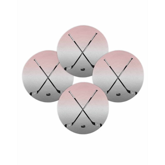 Round Placemats Set of 4 Hockey Player Place Mats Washable Woven Placemat Sports Ground Ombre Grey Pink Circle Braided Table Mat for Kitchen Dining Table Party Home Decor 15 Inch