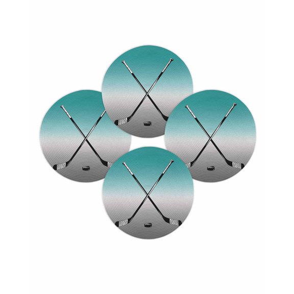 Round Placemats Set of 4 Hockey Player Place Mats Washable Woven Placemat Sports Ground Ombre Grey Turquoise Circle Braided Table Mat for Kitchen Dining Table Party Home Decor 15 Inch