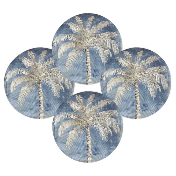 Round Placemats Set of 4 Indigo Palm Tree Place Mats Washable Woven Placemat Summer Tropical Jungle Circle Braided Table Mat for Kitchen Dining Table Party Home Decor 15 Inch