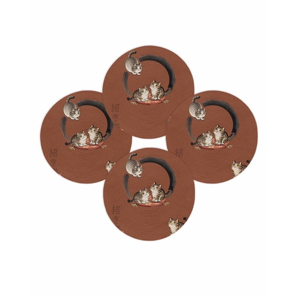 Round Placemats Set of 4 Lucky Cat Place Mats Washable Woven Placemat Cute Japanese Style Red Circle Braided Table Mat for Kitchen Dining Table Party Home Decor 15 Inch