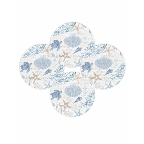 Round Placemats Set of 4 Marine Life Place Mats Washable Woven Placemat Sea Turtle Starfish Shell Coral Circle Braided Table Mat for Kitchen Dining Table Party Home Decor 15 Inch