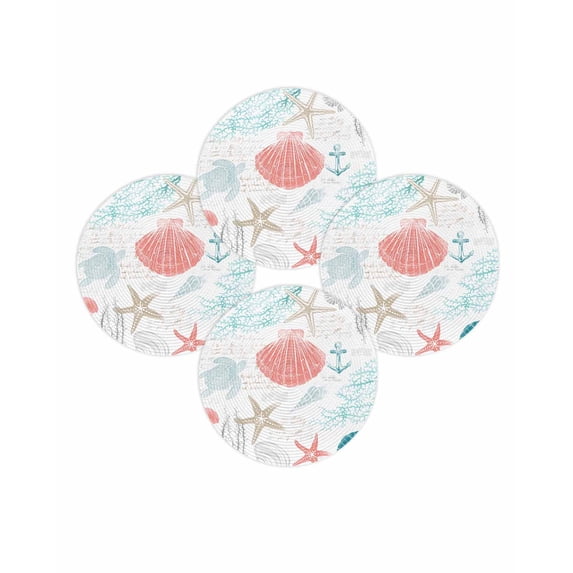 Round Placemats Set of 4 Marine Life Place Mats Washable Woven Placemat Teal Sea Turtle Starfish Coral Circle Braided Table Mat for Kitchen Dining Table Party Home Decor 15 Inch
