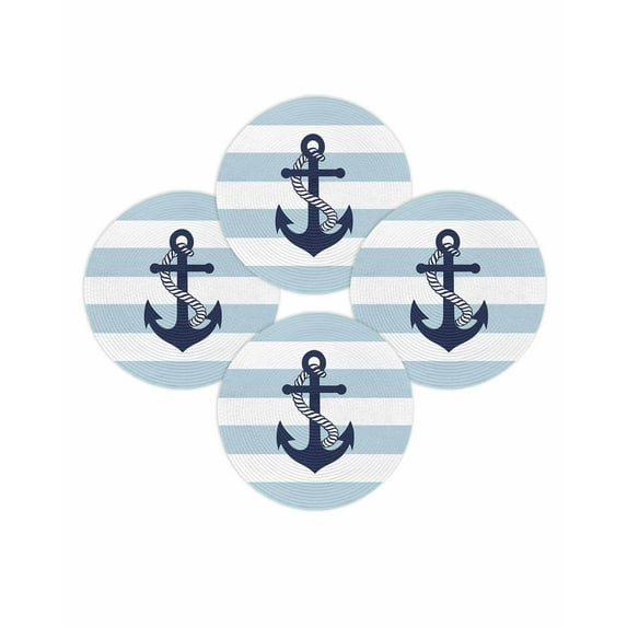 Round Placemats Set of 4 Navy Blue Anchor Place Mats Washable Woven Placemat Teal Stripes Circle Braided Table Mat for Kitchen Dining Table Party Home Decor 15 Inch