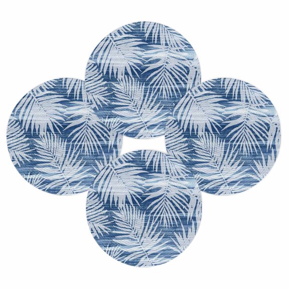 Round Placemats Set of 4 Navy Blue Palm Leaves Place Mats Washable Woven Placemat Summer Beach Tropical Tree Leaf Circle Braided Table Mat for Kitchen Dining Table Party Home Decor 15 Inch