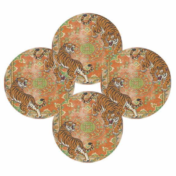 Round Placemats Set of 4 Orange Boho Tiger Place Mats Washable Woven Placemat Bohemian Animal Print Circle Braided Table Mat for Kitchen Dining Table Party Home Decor 15 Inch