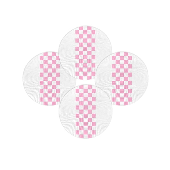 Round Placemats Set of 4 Pink Check Plaid Place Mats Washable Woven Placemat Buffalo Farmhouse Style Pattern Circle Braided Table Mat for Kitchen Dining Table Party Home Decor 15 Inch