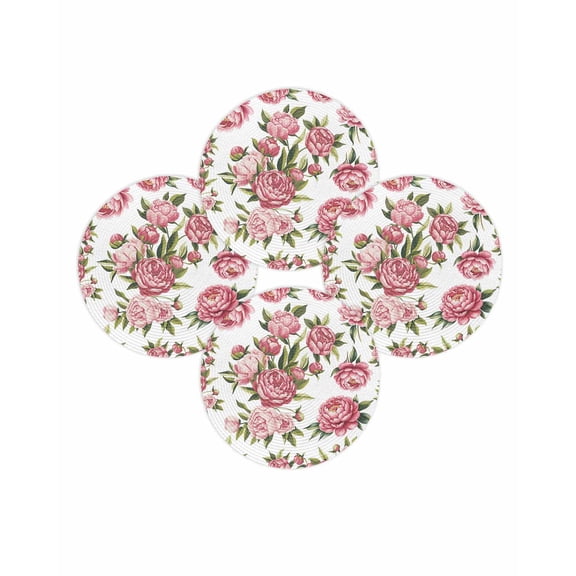 Round Placemats Set of 4 Pink Rose Floral Place Mats Washable Woven Placemat Leaves Flowers Circle Braided Table Mat for Kitchen Dining Table Party Home Decor 15 Inch