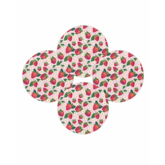 Round Placemats Set of 4 Pink Strawberry Place Mats Washable Woven Placemat Cute Floral Fruit Circle Braided Table Mat for Kitchen Dining Table Party Home Decor 15 Inch