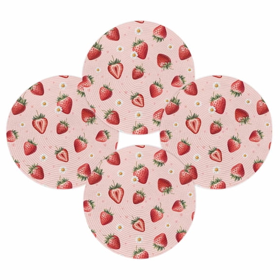 Round Placemats Set of 4 Pink Strawberry Place Mats Washable Woven Placemat Summer Fruit Daisy Flower Circle Braided Table Mat for Kitchen Dining Table Party Home Decor 15 Inch