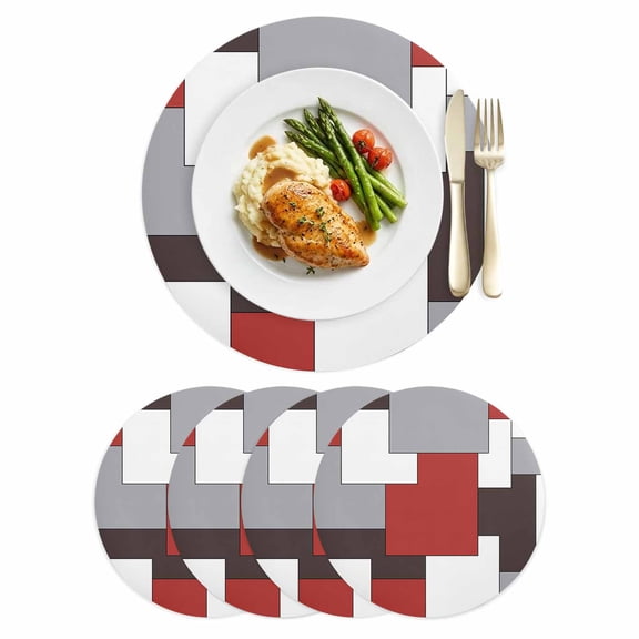 Round Placemats Set of 4, Red Color Block Grey Abstract Geometric Faux Leather Placemat Waterproof Table Mats 15in, Modern Mid-Century Abstract Style Washable Place Mats for Kitchen Dining Table