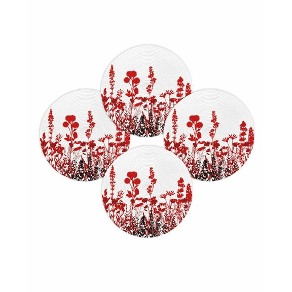 Round Placemats Set of 4 Red Herb Place Mats Washable Woven Placemat Floral Leaves Plant Circle Braided Table Mat for Kitchen Dining Table Party Home Decor 15 Inch