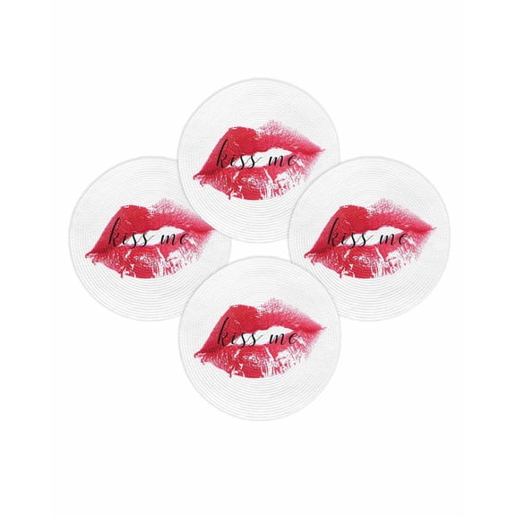 Round Placemats Set of 4 Red Lipprint Place Mats Washable Woven Placemat Kiss Lip Circle Braided Table Mat for Kitchen Dining Table Party Home Decor 15 Inch