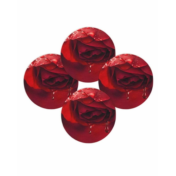 Round Placemats Set of 4 Red Rose Place Mats Washable Woven Placemat Nature Water Drops Circle Braided Table Mat for Kitchen Dining Table Party Home Decor 15 Inch