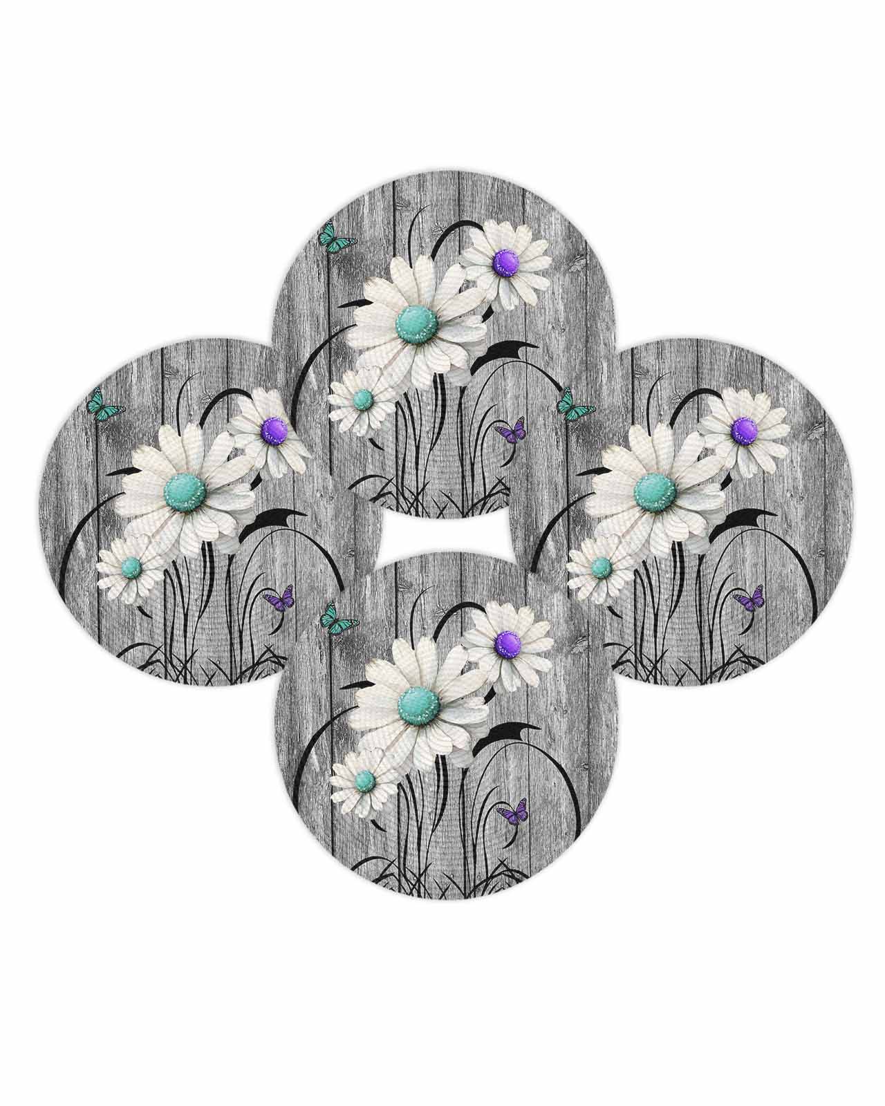 Round Placemats Set of 4 Rustic Daisy Place Mats Washable Woven Placemat Teal Sunflower Grey Wood Grain Circle Braided Table Mat for Kitchen Dining Table Party Home Decor 15 Inch