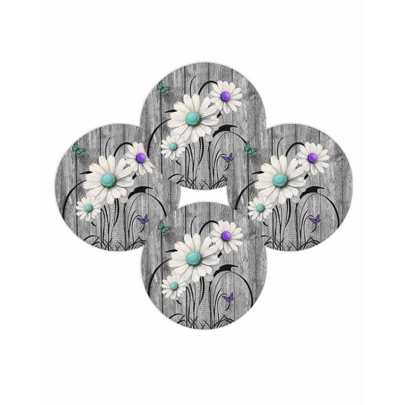 Round Placemats Set of 4 Rustic Daisy Place Mats Washable Woven Placemat Teal Sunflower Grey Wood Grain Circle Braided Table Mat for Kitchen Dining Table Party Home Decor 15 Inch