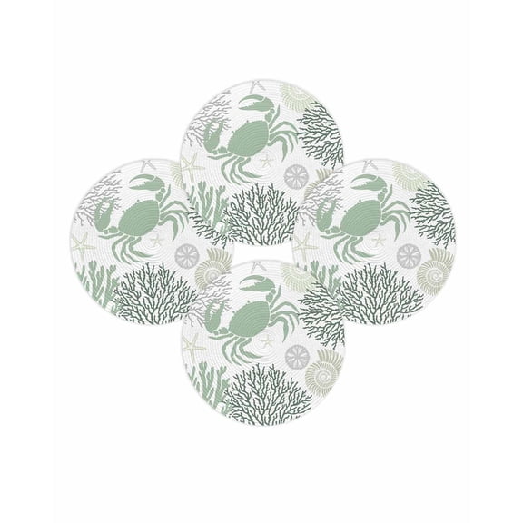 Round Placemats Set of 4 Sage Green Crab Place Mats Washable Woven Placemat Coral Starfish Shell Circle Braided Table Mat for Kitchen Dining Table Party Home Decor 15 Inch