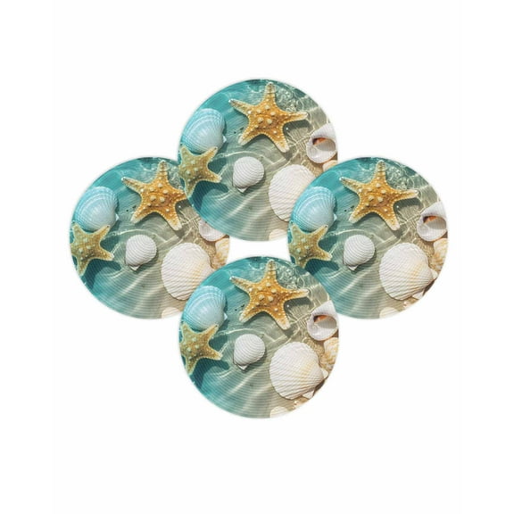 Round Placemats Set of 4 Shell Starfish Place Mats Washable Woven Placemat Teal Blue Summer Beach Circle Braided Table Mat for Kitchen Dining Table Party Home Decor 15 Inch