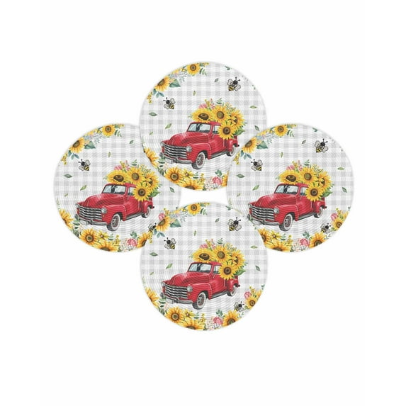 Round Placemats Set of 4 Sunflower Red Truck Place Mats Washable Woven Placemat Farmhouse Bee Grey Plaid Circle Braided Table Mat for Kitchen Dining Table Party Home Decor 15 Inch