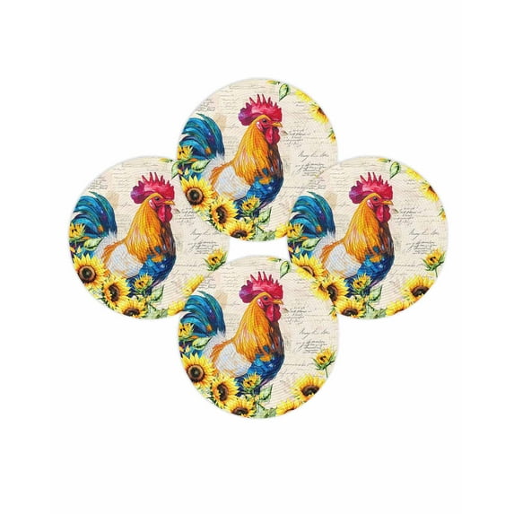 Round Placemats Set of 4 Sunflower Rooster Place Mats Washable Woven Placemat Farm Animal Vintage Floral Circle Braided Table Mat for Kitchen Dining Table Party Home Decor 15 Inch