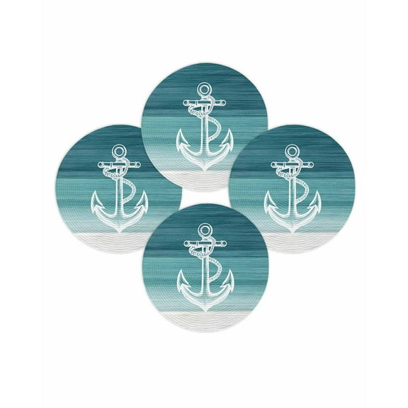 Round Placemats Set of 4 Teal Anchor Place Mats Washable Woven Placemat Nautical Coastal Circle Braided Table Mat for Kitchen Dining Table Party Home Decor 15 Inch