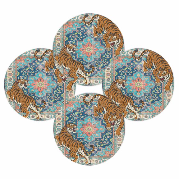 Round Placemats Set of 4 Teal Blue Boho Tiger Place Mats Washable Woven Placemat Bohemian Animal Print Circle Braided Table Mat for Kitchen Dining Table Party Home Decor 15 Inch