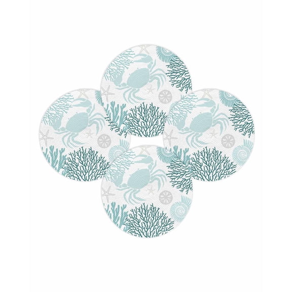 Round Placemats Set of 4 Turquoise Crab Place Mats Washable Woven Placemat Coral Starfish Shell Circle Braided Table Mat for Kitchen Dining Table Party Home Decor 15 Inch