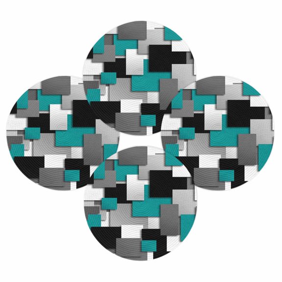 Round Placemats Set of 4 Turquoise Geometric Place Mats Washable Woven Placemat Modern Abstract Checkered Circle Braided Table Mat for Kitchen Dining Table Party Home Decor 15 Inch