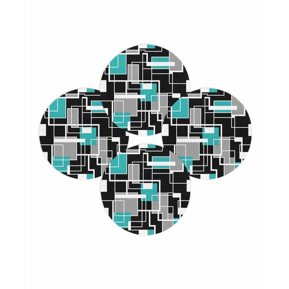 Round Placemats Set of 4 Turquoise Geometric Place Mats Washable Woven Placemat Modern Art Square Lines Circle Braided Table Mat for Kitchen Dining Table Party Home Decor 15 Inch