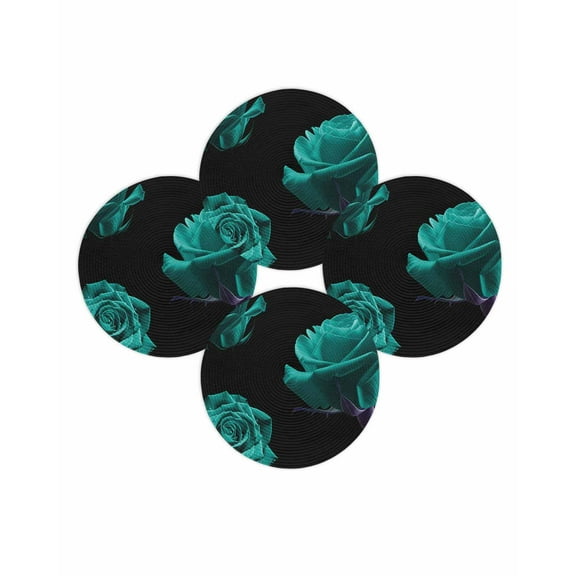 Round Placemats Set of 4 Turquoise Rose Place Mats Washable Woven Placemat Vintage Flower Garden Circle Braided Table Mat for Kitchen Dining Table Party Home Decor 15 Inch
