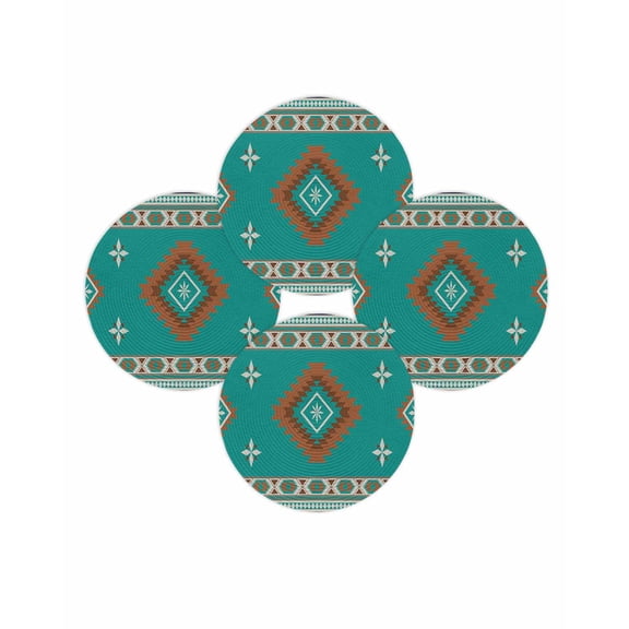 Round Placemats Set of 4 Turquoise Tribal Geometric Place Mats Washable Woven Placemat Vintage Boho Native Abstract Circle Braided Table Mat for Kitchen Dining Table Party Home Decor 15 Inch