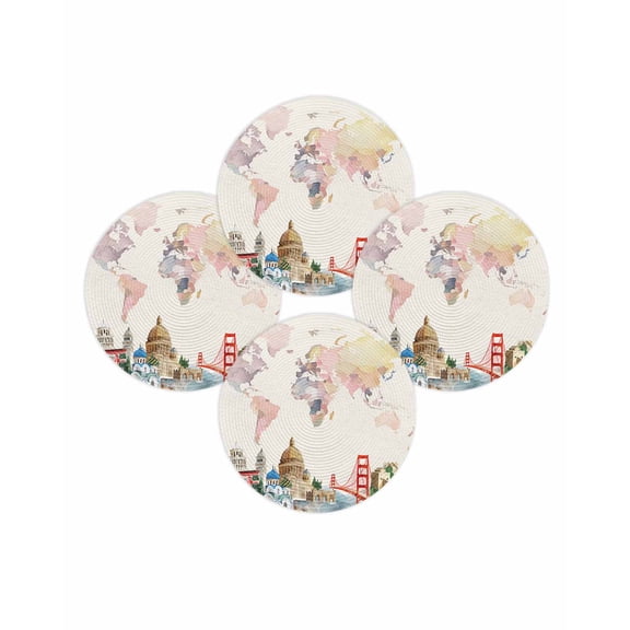 Round Placemats Set of 4 World Map Place Mats Washable Woven Placemat Famous Building Tourism Bridge Circle Braided Table Mat for Kitchen Dining Table Party Home Decor 15 Inch