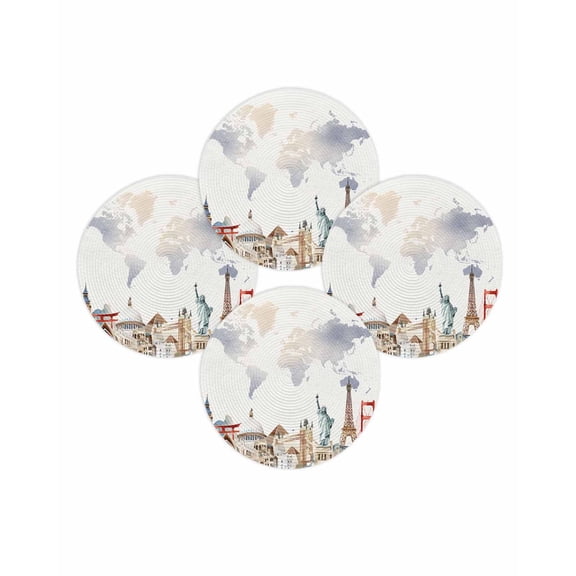 Round Placemats Set of 4 World Map Place Mats Washable Woven Placemat Famous Building Tourism Landscape Circle Braided Table Mat for Kitchen Dining Table Party Home Decor 15 Inch
