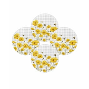 Round Placemats Set of 4 Yellow Floral Place Mats Washable Woven Placemat Flower Bees Grey Buffalo Plaid Circle Braided Table Mat for Kitchen Dining Table Party Home Decor 15 Inch