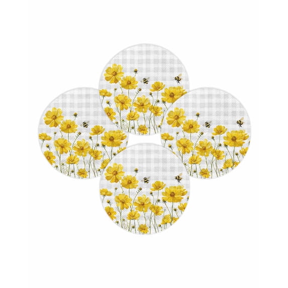 Round Placemats Set of 4 Yellow Floral Place Mats Washable Woven Placemat Flower Bees Grey Buffalo Plaid Circle Braided Table Mat for Kitchen Dining Table Party Home Decor 15 Inch