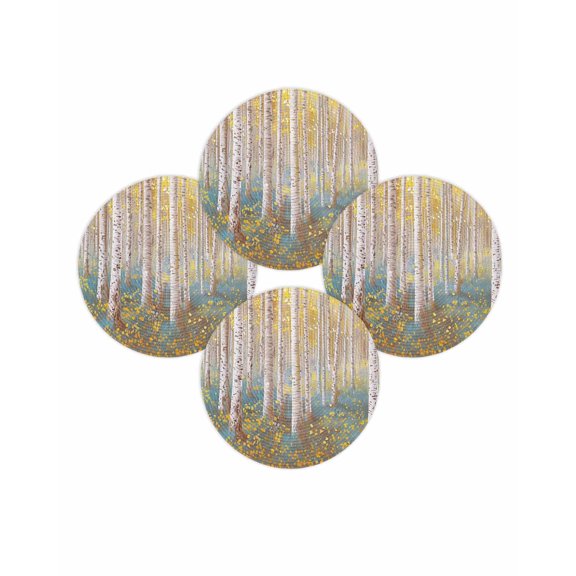 Round Placemats Set of 4 Yellow Forest Plant Place Mats Washable Woven Placemat Tree Illustration Circle Braided Table Mat for Kitchen Dining Table Party Home Decor 15 Inch