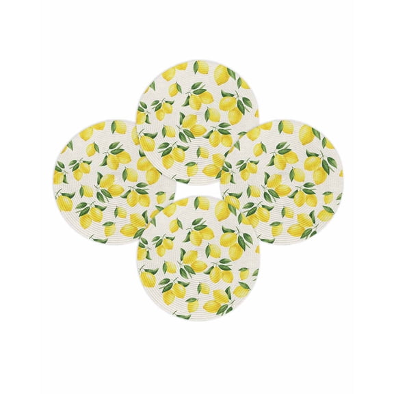 Round Placemats Set of 4 Yellow Lemon Place Mats Washable Woven Placemat Summer Fruit Linen Circle Braided Table Mat for Kitchen Dining Table Party Home Decor 15 Inch