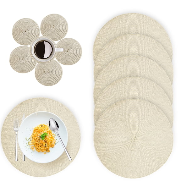 Round Placemats Set of 6 with 6 Coasters, 15 Inch Braided PP and Cotton Blend Table Mats, Hand Washable Woven Placemats for Dining Table, Kitchen and Patio, Beige