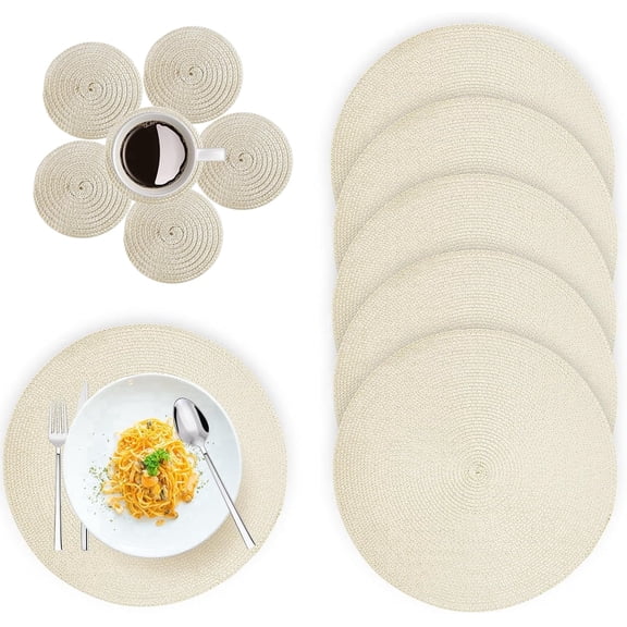 Round Placemats Set of 6 with Coasters, 15 Inch Washable Braided Table Mats, Heat Resistant Non-Slip PP Woven Place Mats for Dining Table, Kitchen, Holiday Party & Indoor Outdoor Decor, Beige