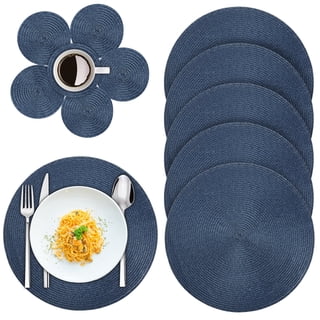 Round Placemats Set of 6 with Coasters, 15 inch Washable Braided Table Mats, Heat Resistant Non-Slip PP Woven Place Mats for Dining Table, Kitchen, Holiday Party, Blue