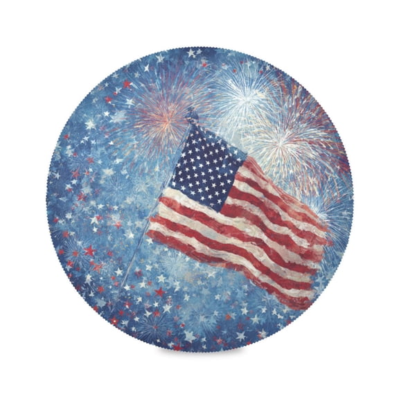 Round Placemats Set of 1 Heat Resistant Washable Kitchen Table Decorations 15.4in Fireworks and Flag