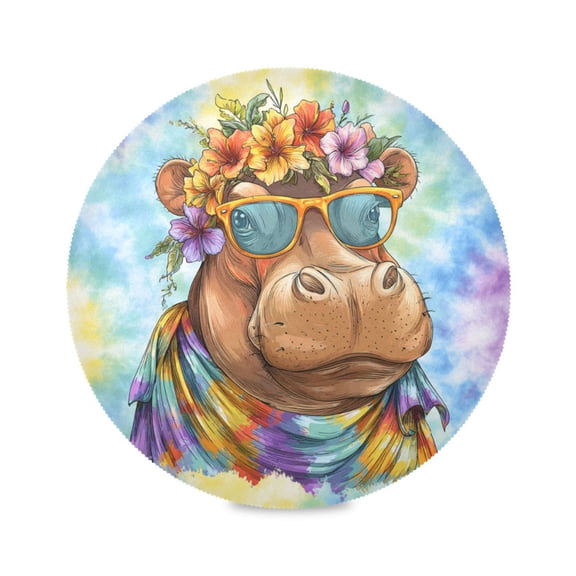 Round Placemats Set of 1 Heat Resistant Washable Kitchen Table Decorations 15.4in Fun Whimsical Hippopotamus