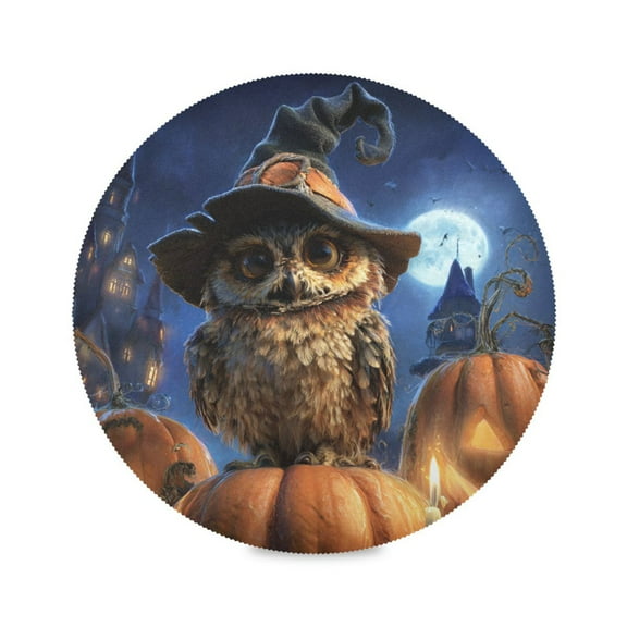 Round Placemats Set of 1 Heat Resistant Washable Kitchen Table Decorations 15.4in Halloween Pumpkins and Owl
